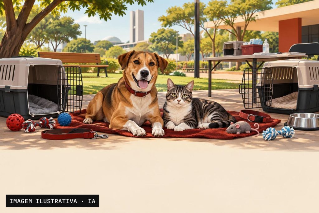 Cães e gatos aguardam adoção em espaço comunitário arborizado e acolhedor.