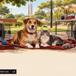 Cães e gatos aguardam adoção em espaço comunitário arborizado e acolhedor.