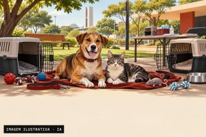 Cães e gatos aguardam adoção em espaço comunitário arborizado e acolhedor.