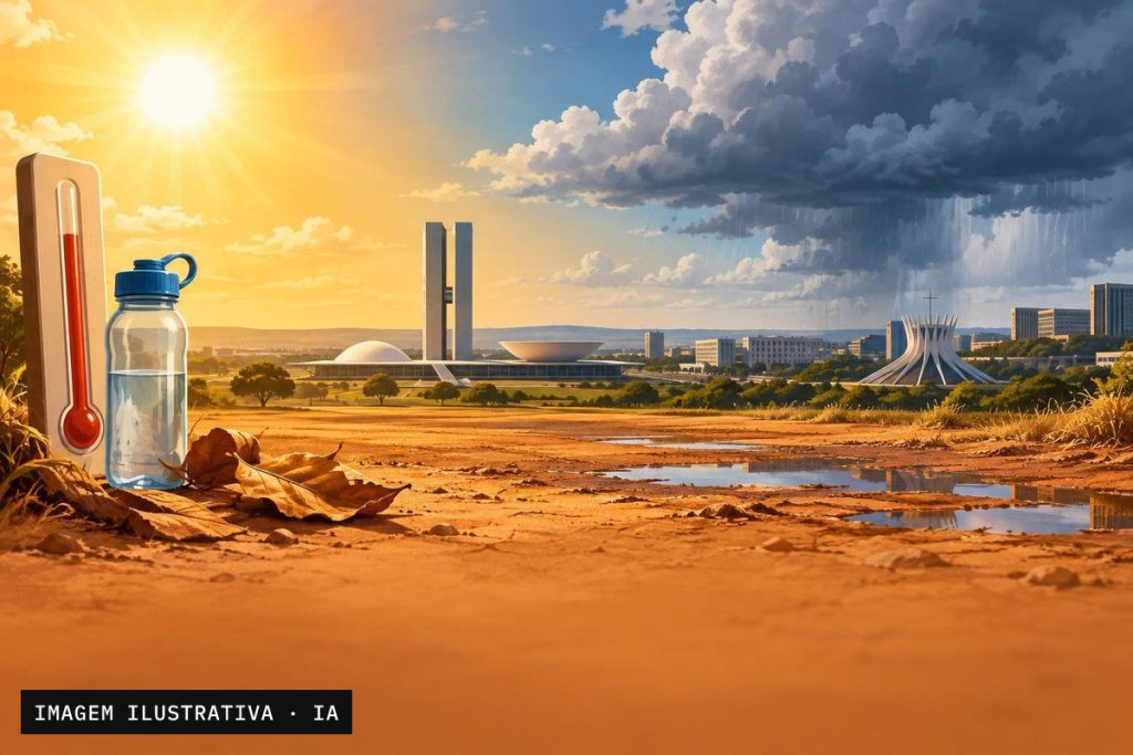 Paisagem do DF com sol intenso, nuvens isoladas, solo seco e sinais de chuva irregular.