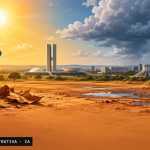 Paisagem do DF com sol intenso, nuvens isoladas, solo seco e sinais de chuva irregular.