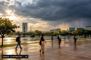Brasília sob céu carregado, com chuva se aproximando entre prédios e árvores.