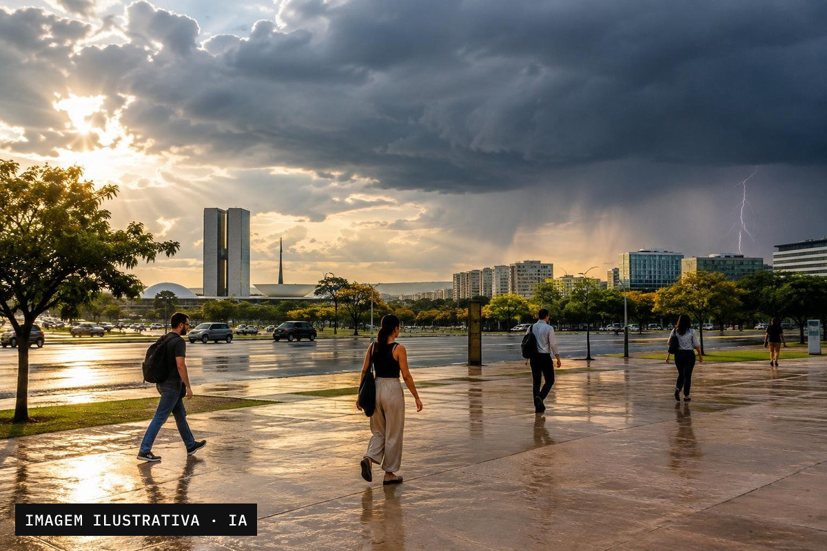 Brasília sob céu carregado, com chuva se aproximando entre prédios e árvores.