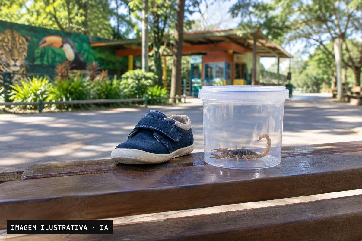 Sapato infantil ao lado de recipiente com escorpião em área do Zoológico de Brasília.