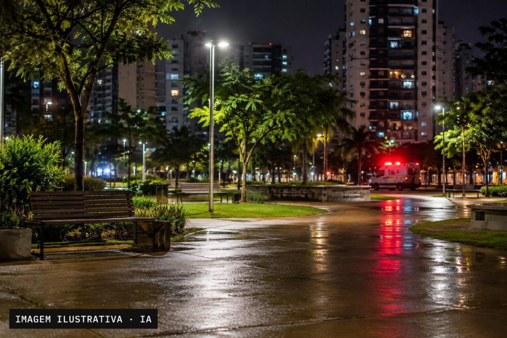 Praça de Águas Claras à noite com luzes de emergência refletidas no piso