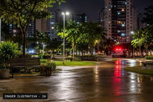 Praça de Águas Claras à noite com luzes de emergência refletidas no piso