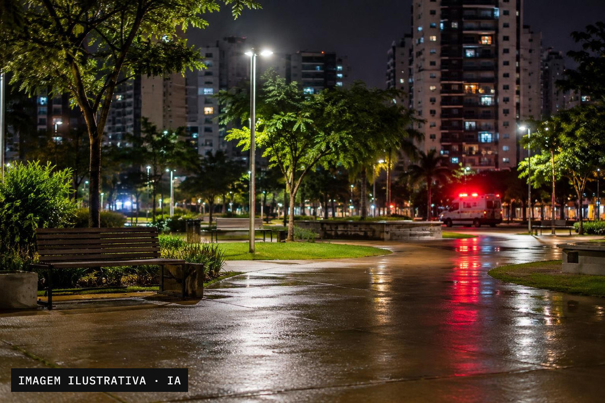 Praça de Águas Claras à noite com luzes de emergência refletidas no piso