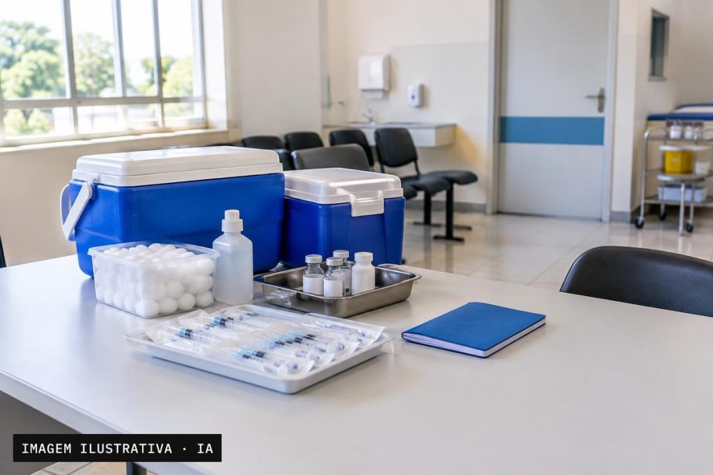 Mesa preparada para vacinação contra a poliomielite em uma unidade de saúde do DF