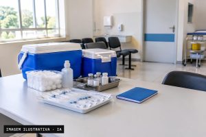 Mesa preparada para vacinação contra a poliomielite em uma unidade de saúde do DF