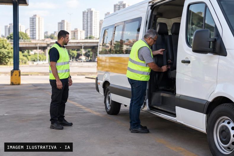 Inspeção técnica de van escolar em área de vistoria no Distrito Federal