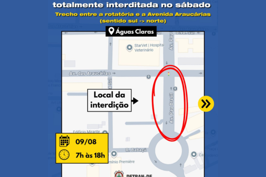 Avenida Pau Brasil será totalmente interditada neste sábado (9) em Águas Claras